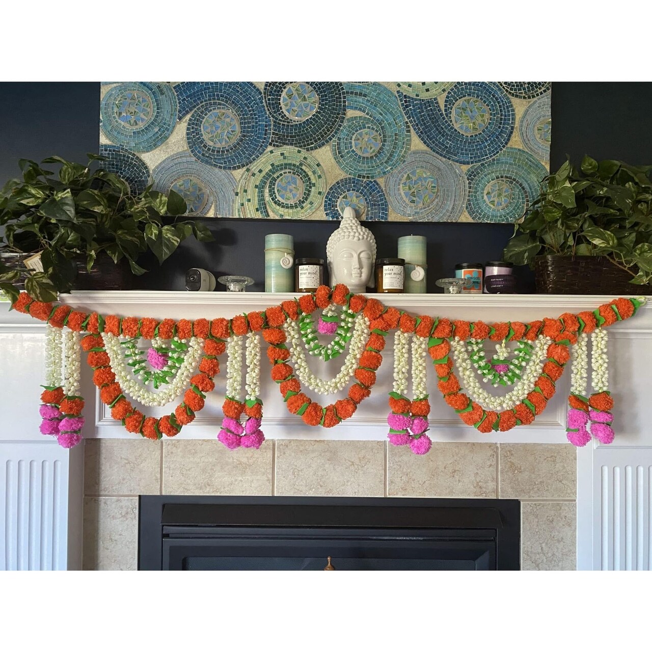 Artificial Marigold Jasmine Garland Toran (5 Feet) Floral Hanging Decoration for Indian Festival Pooja Wedding Home Wall Decor
